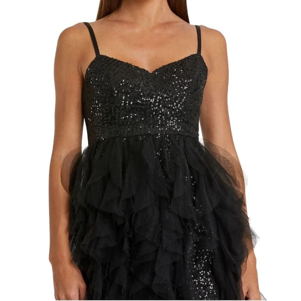 IEENA FOR MAC DUGGAL Sequin Mini with High Low Ruffle Tiered Train #27119‎ Sz 12